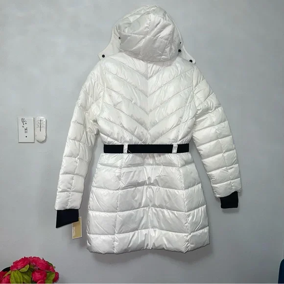 Michael Kors Hooded Puffer Jacket In White W/ Black Details New - Duplicate
